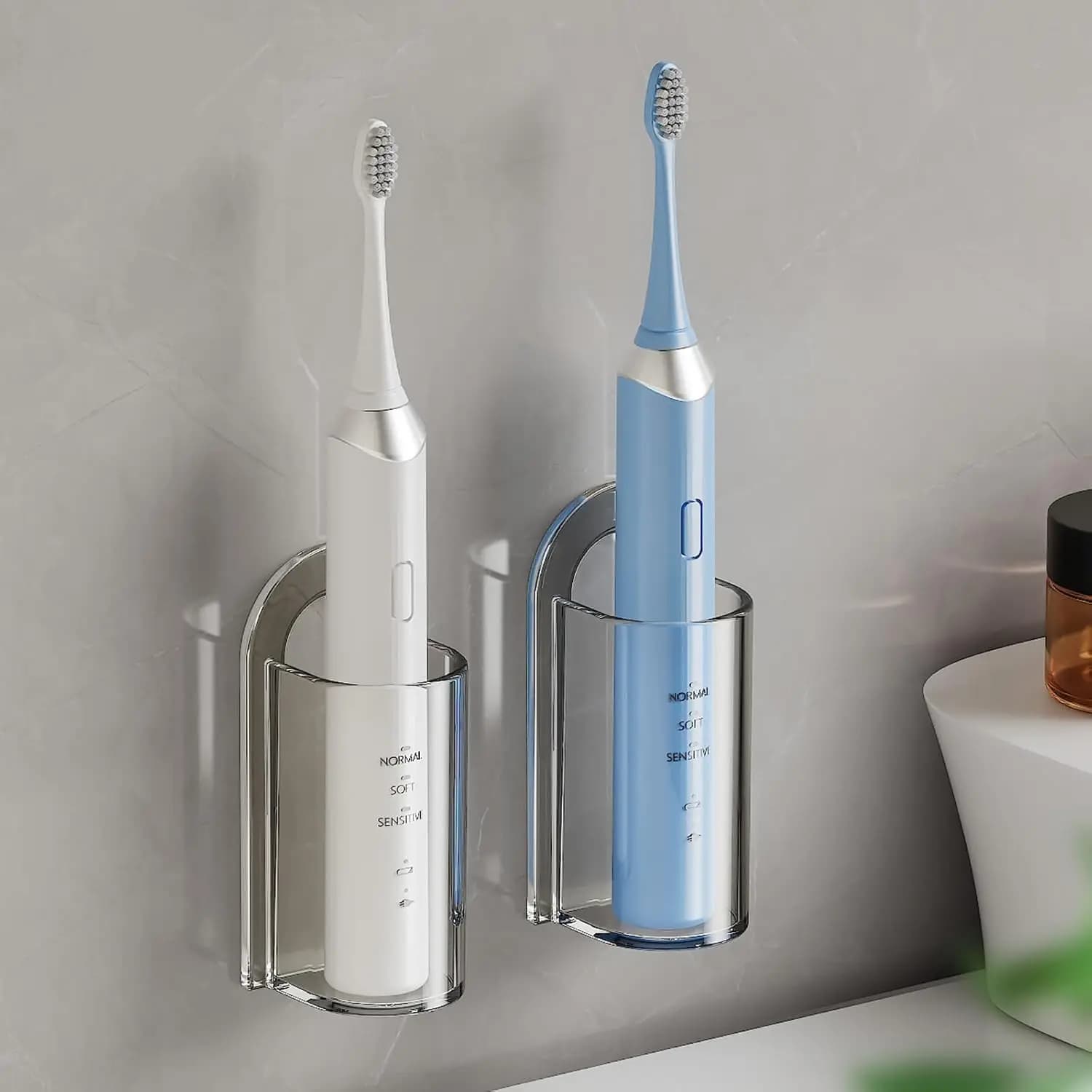 Portaspazzolino elettrico da parete, organizer autoadesivo per il bagno, salvaspazio (2 pezzi trasparenti)
