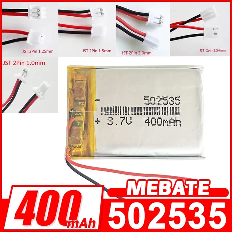 Rechargeable Lipo Battery from 3.7 V 400 mAh 502535 + JST 2 pin connector for MP3 Smart Watch GPS Speaker Bluetooth Camera Headphones LED Light