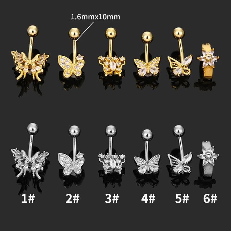 Anello per piercing ombelicale a forma di farfalla in acciaio inossidabile 316L con cuore per ombelico Anello per piercing ombelicale
