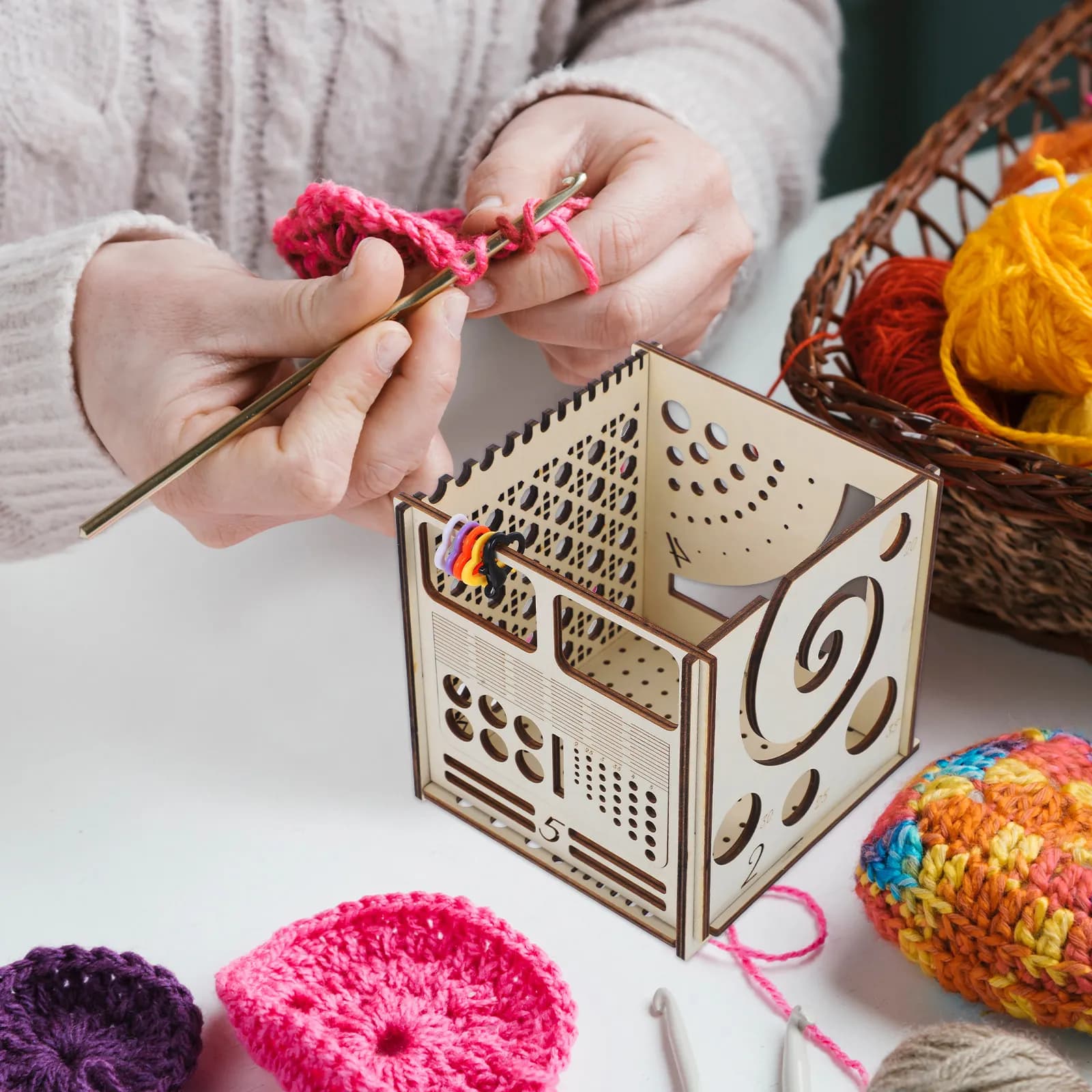 1Set Wooden Knitting Yarn Bowl Storage Toolbox Large Capacity Portable Crochet Organizer Wool Yarn Storage Box Knitting Needle