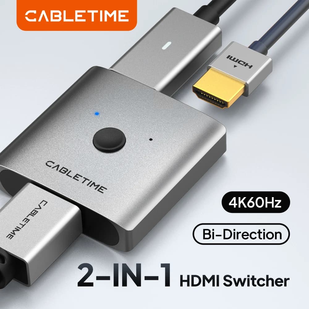 CABLETIME Splitter HDMI 4K, Switcher 2 Ingressi 1 Uscita 4K@60Hz, Compatibile HDMI 2.0 per PC, Laptop, HDTV, Xbox, PS4, PS5, TV, Macbook