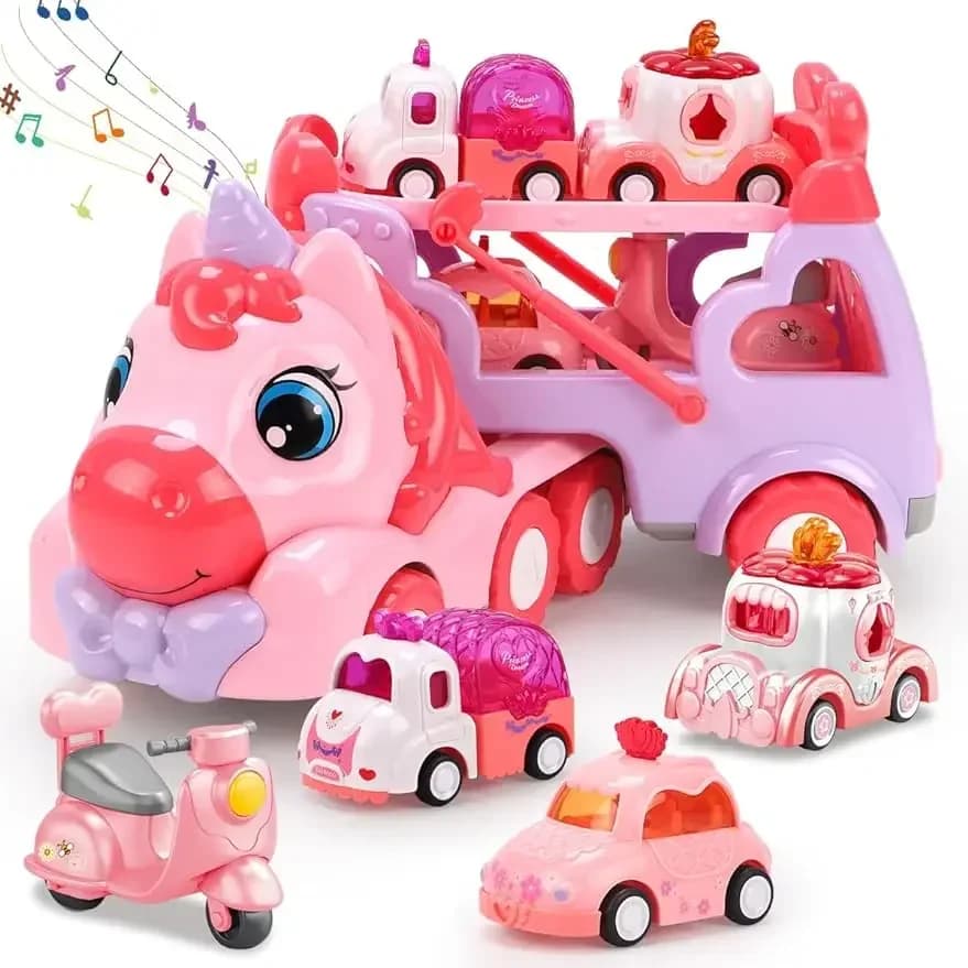 5 in 1 camion porta unicorno auto giocattoli per ragazze giocattoli per bambini unicorno set di auto con musica e luce regalo di compleanno per neonati bambini