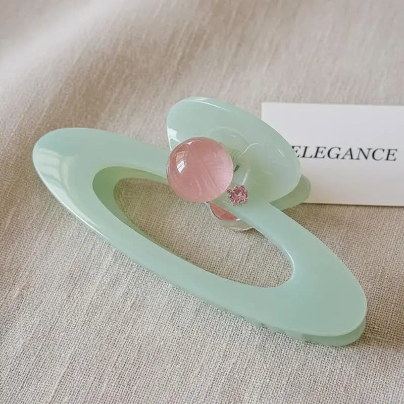 Oval Hair Claw Clip with Pink Round Bead Elegant Hollow Out Design for Girls Casual and Party Hairstyles