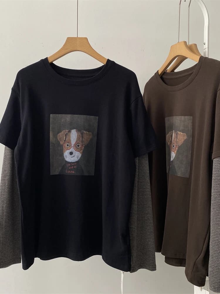 Felpa con cappuccio da donna a maniche lunghe, a righe, con stampa cane, effetto due pezzi, in poliestere confortevole, stile coreano