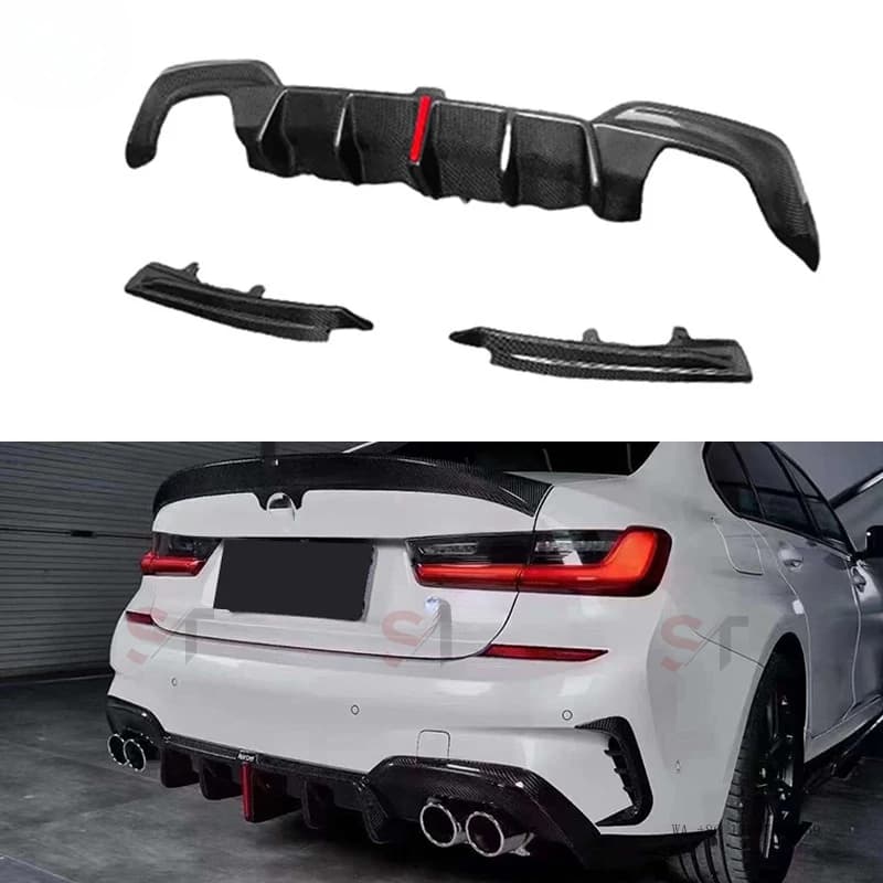 Suitable for BMW 3 Series G20 G28 carbon fiber lip corner guards, rear bumper diffuser with lights