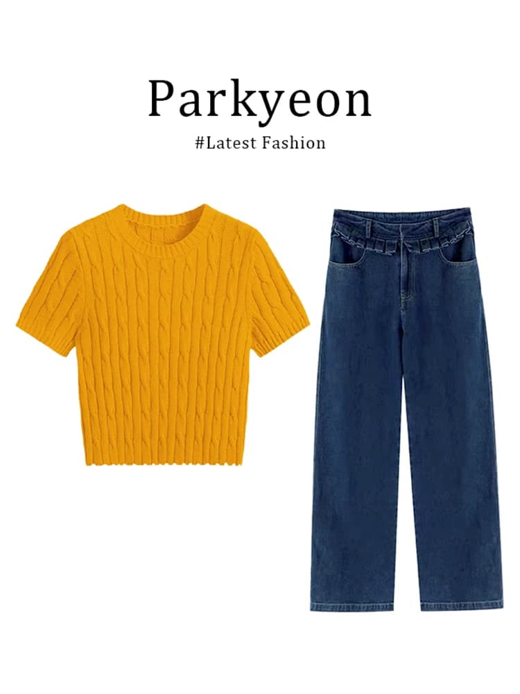 Dopamine Yellow Korean Style Spicy Short Sleeve Knitted Top And Jeans Two Piece Set Women Spring Summer Autumn Slim Fit Short