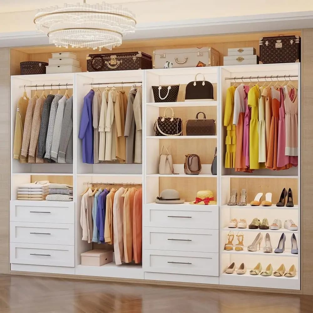 Organizzatore Modulare per Armadio a 4 Set con 8-21 Cassetti, 9 Ripiani e 8 Aste, Fino a 252 Pezzi per Cabine Armadio Personalizzate, Bianco