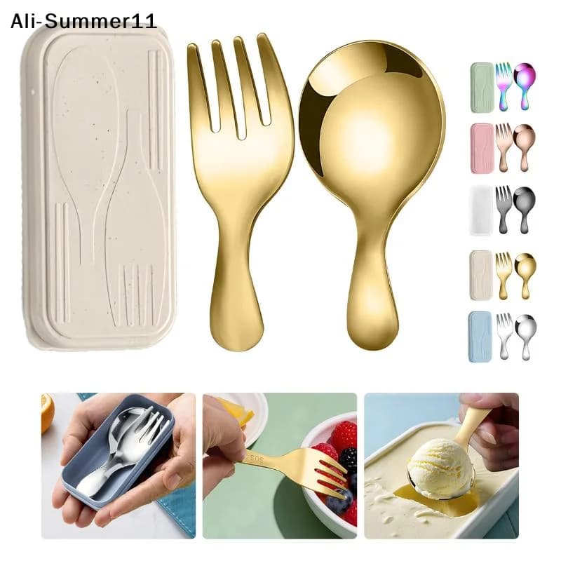 Set di posate in acciaio A6L, cucchiaio e forchetta, 2 pezzi, portatile con scatola, per campeggio, escursioni, pranzo, cucina, viaggi.