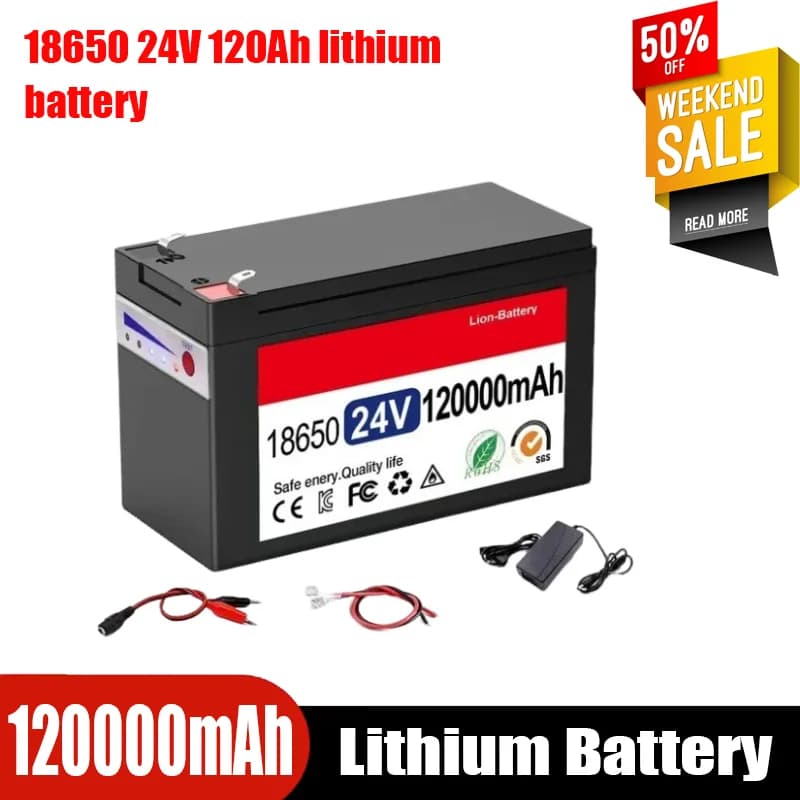 Batteria al litio 24V 100Ah 120Ah 18650 con ricarica da pannello solare, alimentazione di backup per campeggio all'aperto, caricabatterie 6S3P120.0,25.2V2A