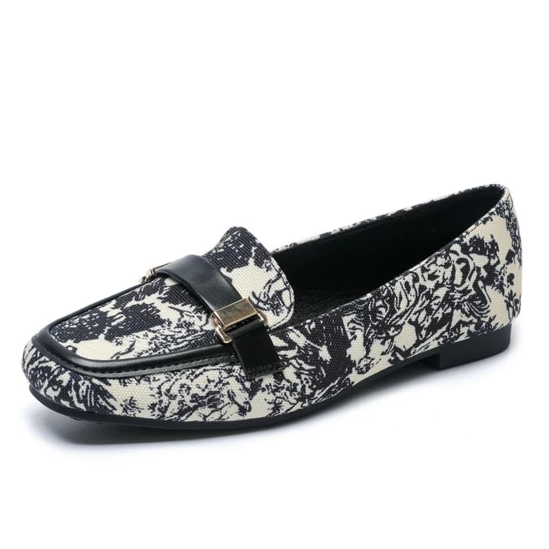 Scarpe basse autunnali da donna con fibbia, mocassini in tessuto stampato, scarpe basse da donna con tacco basso, slip-on, punta quadrata, taglia grande
