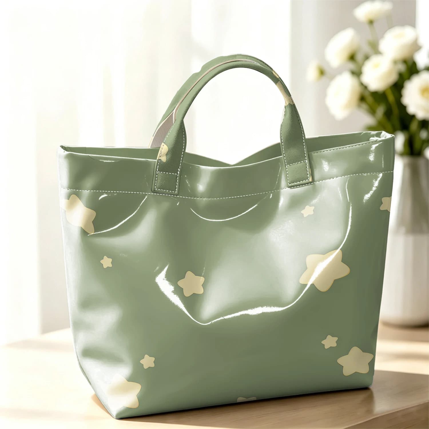 Green Yellow Stars Fashion Large Glossy PVC Tote Bag Hand Washable Waterproof Perfect Travel Commute Cosmetic Storage Shopper