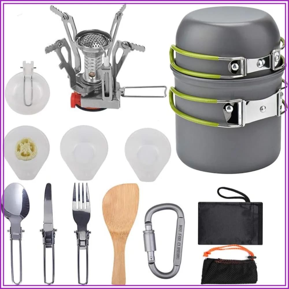 Camping Cookware Mess Kit, Portable Stove Pots and Pans Set with Carabiner, Folding Knife, Fork Spoon, Mesh Bag for Backpacking