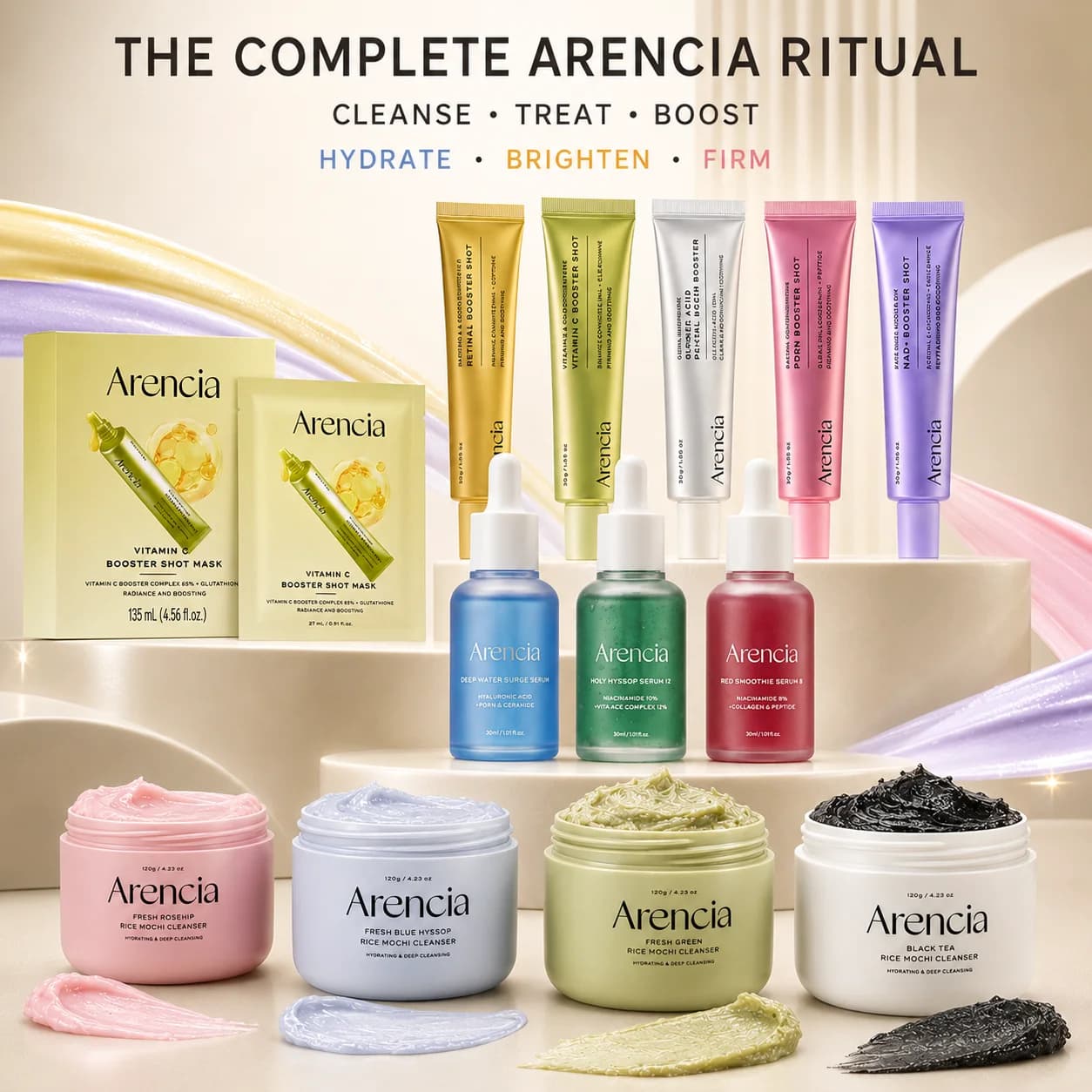Arencia Rice Mochi Cleanser, Booster Shot & Serum Skincare Vitamin C Retinal for Bright, Healthy Skin Glow, Clear-Looking, Firm