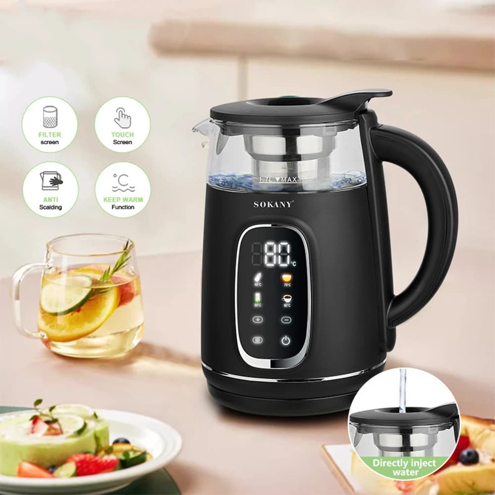 Electric kettle, multi-functional kettle, glass material, adjustable temperature, 1.7L, touch screen kettle.