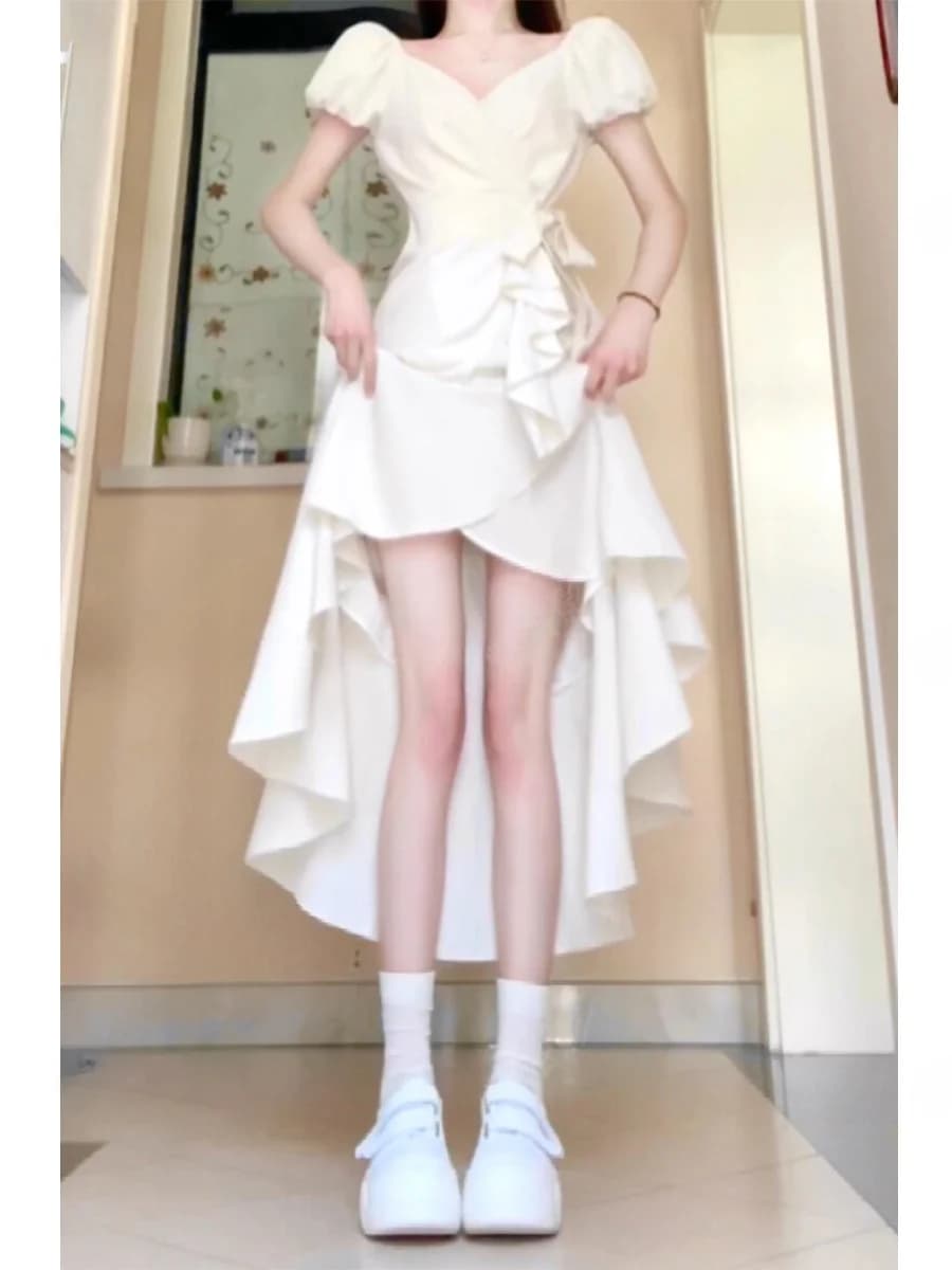 Abito lungo estivo da donna in stile francese a maniche corte, modello A-line, con cintura in vita snellente, gonna a balze, vita alta, scollo a V, colorato
