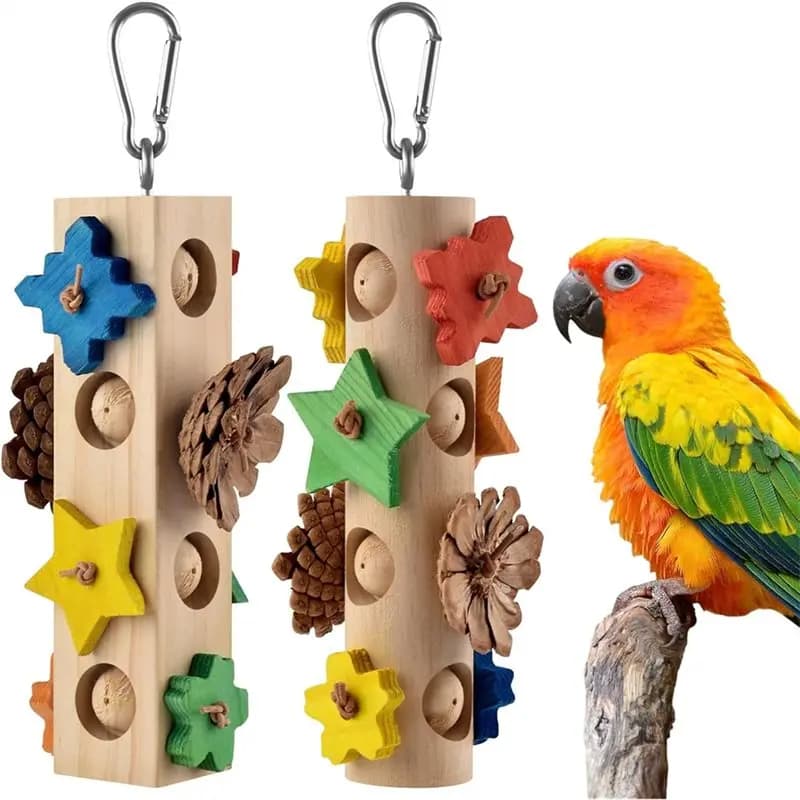 【OFFERTA LAMPO!】Giocattolo per pappagalli per affilare il becco e cercare cibo, 2 pezzi, blocchi di legno colorati da appendere, pigne per pappagallini da masticare