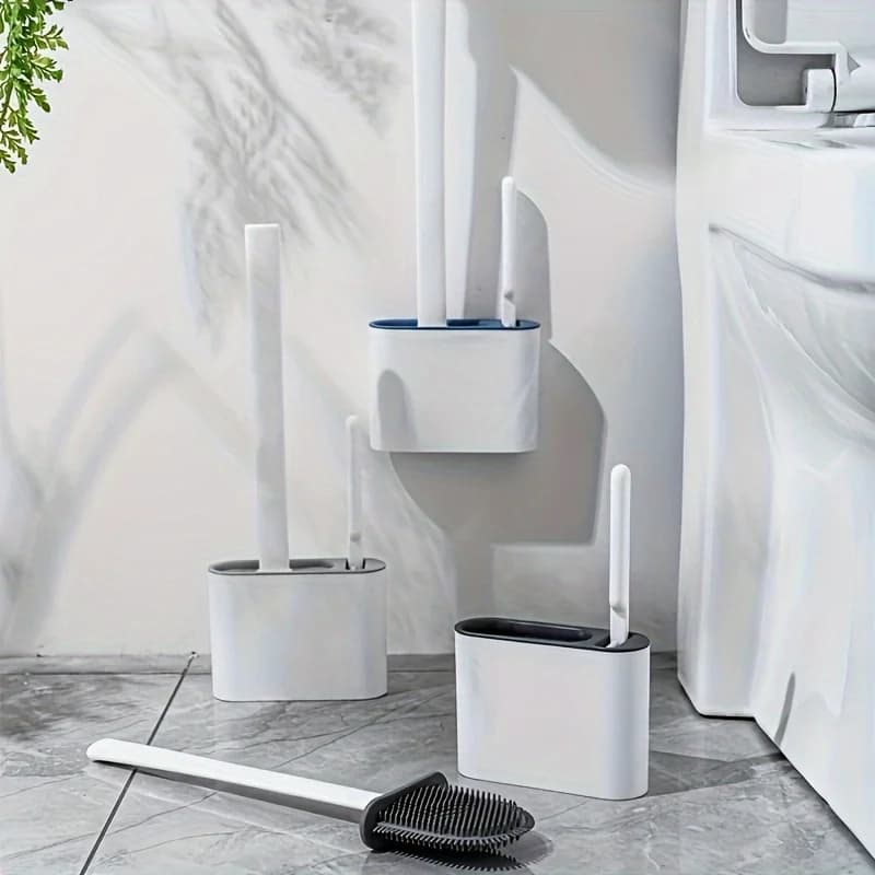 Set di portaspazzole per WC in silicone, spazzole per pulizia, testa piatta, flessibile, montato a parete, per WC, strumento da bagno