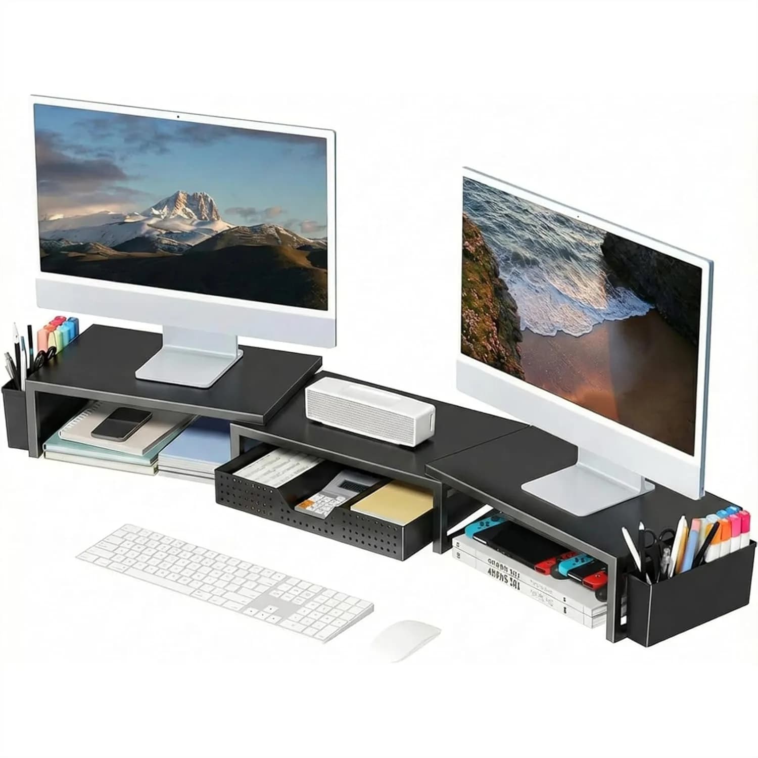 Supporto per Doppio Monitor con Cassetto e Portapenne, Organizzatore da Scrivania in Metallo per Ufficio, Ripiano da Scrivania Nero