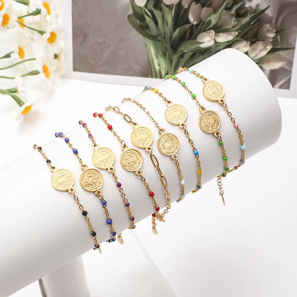 Coin Charm Stainless Steel St Benedict Medal Bracelet San Benito Bracelet Adjustable Link Chain Bohemia Bracelet
