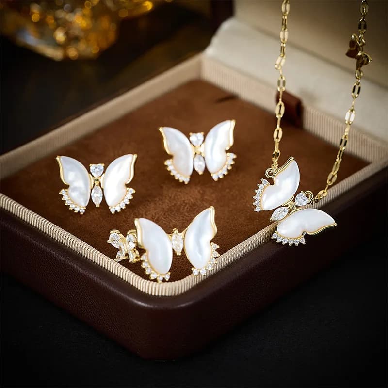Natural mother of pearl butterfly earrings with light luxury zircons in French style High niche necklace Chain ring with clavicle Jewelry