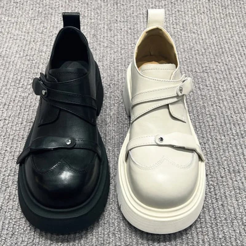 Women European Style Leather Shoes Round Toe Belt Buckle Thick Sole Cool British Style Daily Shoes 2026