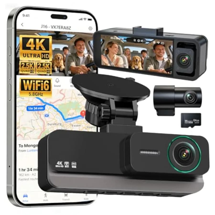 Rideshare Taxi dash cam: 4K+2.5K+2.5K 3-channel, plastic black, ultra-clear night vision with IR, 5.8GHz WiFi 6, 64GB card, 24H