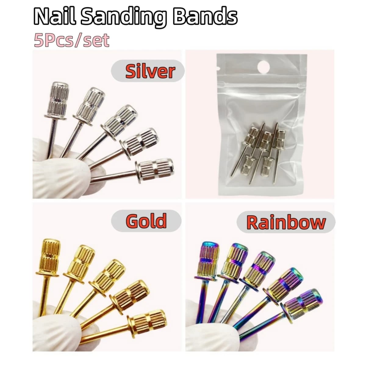 5/10 pezzi argento/oro/arcobaleno mandrino set di punte per trapano per unghie punta per levigatura per trapano per unghie 3/32 "fascia abrasiva albero strumento per unghie di ricambio
