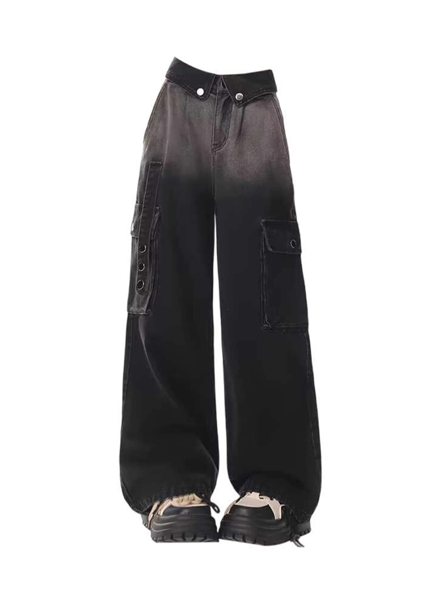 Jeans cargo larghi Y2k neri Goth da donna Harajuku Pantaloni jeans oversize vintage anni '90 Pantaloni jeans sfumati stile giapponese anni 2000