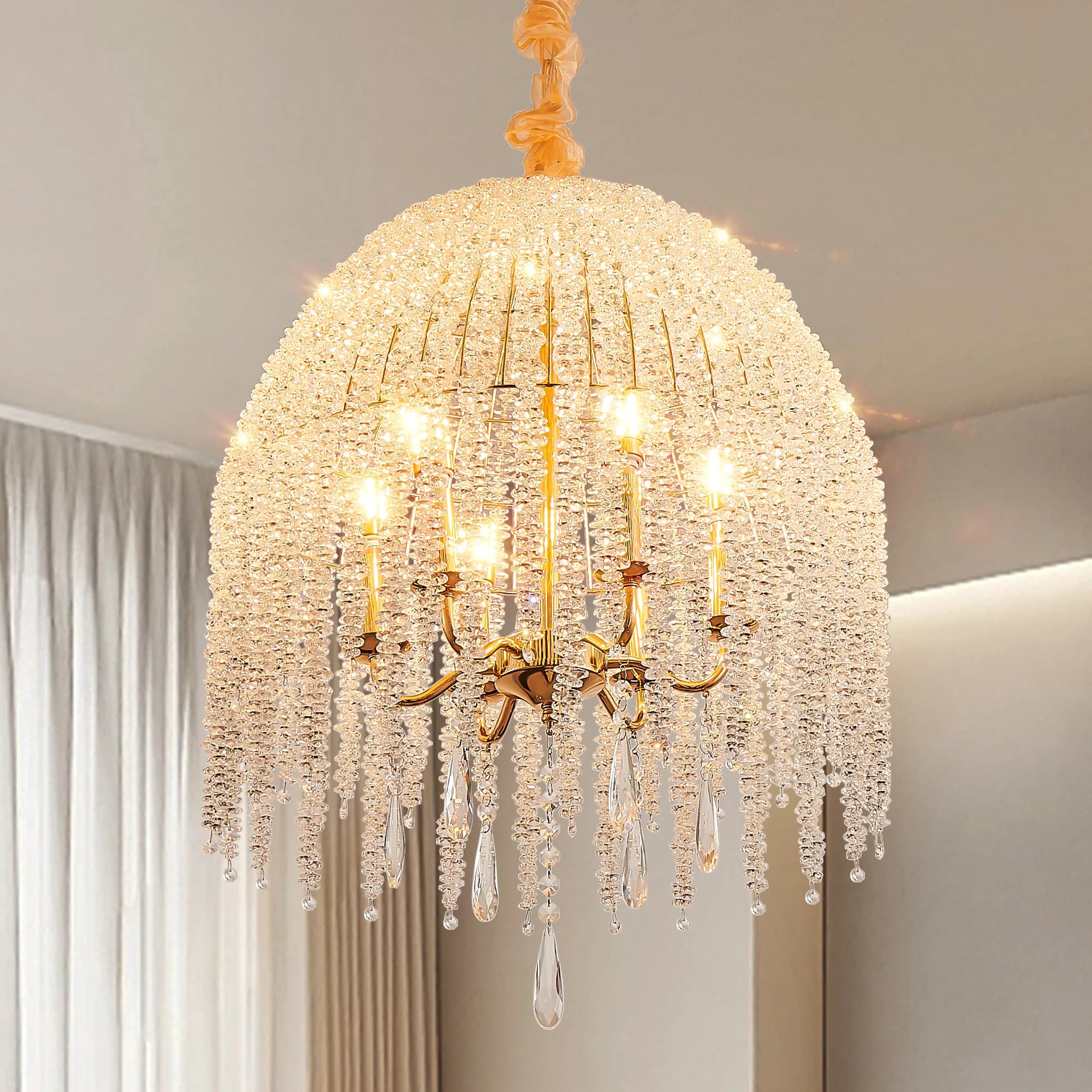 Lampadario a sospensione in cristallo a 6 luci da 20 pollici, elegante design a cascata con fili di perline di cristallo e finitura oro (senza lampadina)