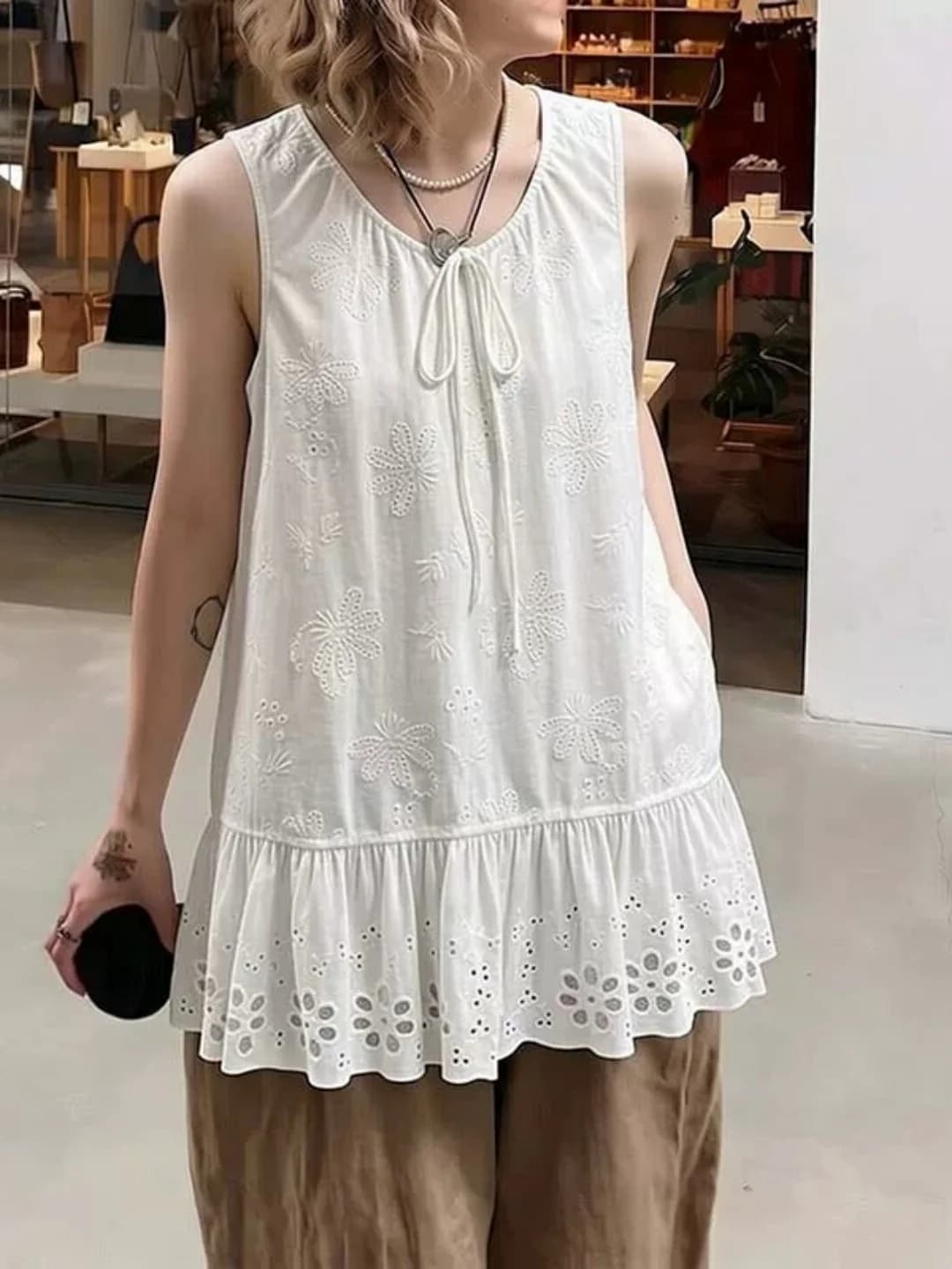 Gilet Senza Maniche Ricamato in Pizzo da Donna, Taglie Forti, con Cintura e Maniche a Campana, Stile Casual, Scollo Rotondo, Tessuto Sottile, per Uso Quotidiano