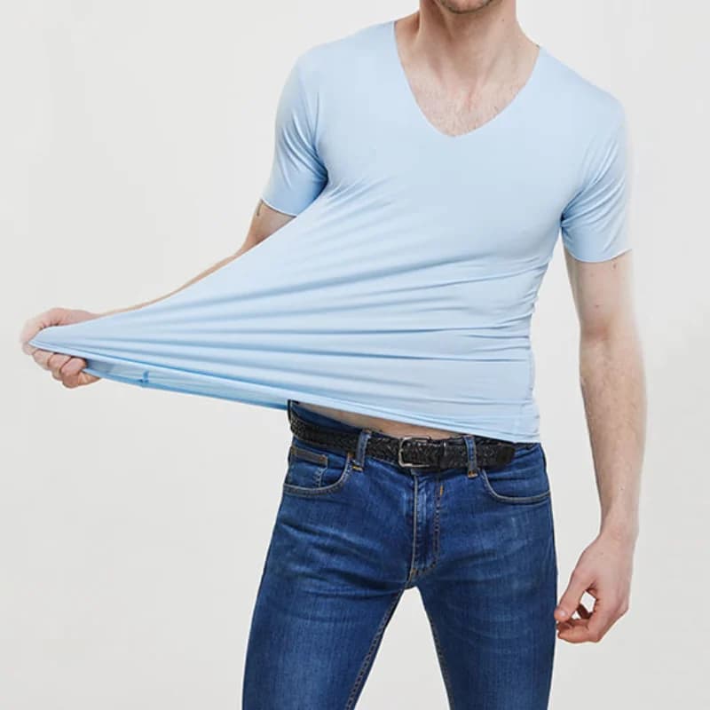 T-shirt da uomo di grandi dimensioni con scollo a V sottile in seta di ghiaccio da uomo estiva T-shirt allentata a maniche corte tinta unita per uomo Top Tees
