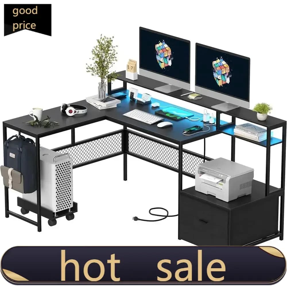 L office desk with storage space, power outlet, LED lighting and monitor support - Large gaming desk - Promotional price