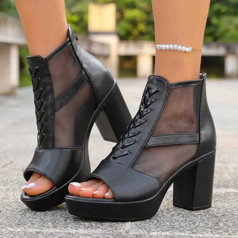 Summer New Women High Heels Sexy Peep Toe Lace Mesh Leather Patchwork Breathable Sandals Outdoor Casual Platform Shoes Plus Size