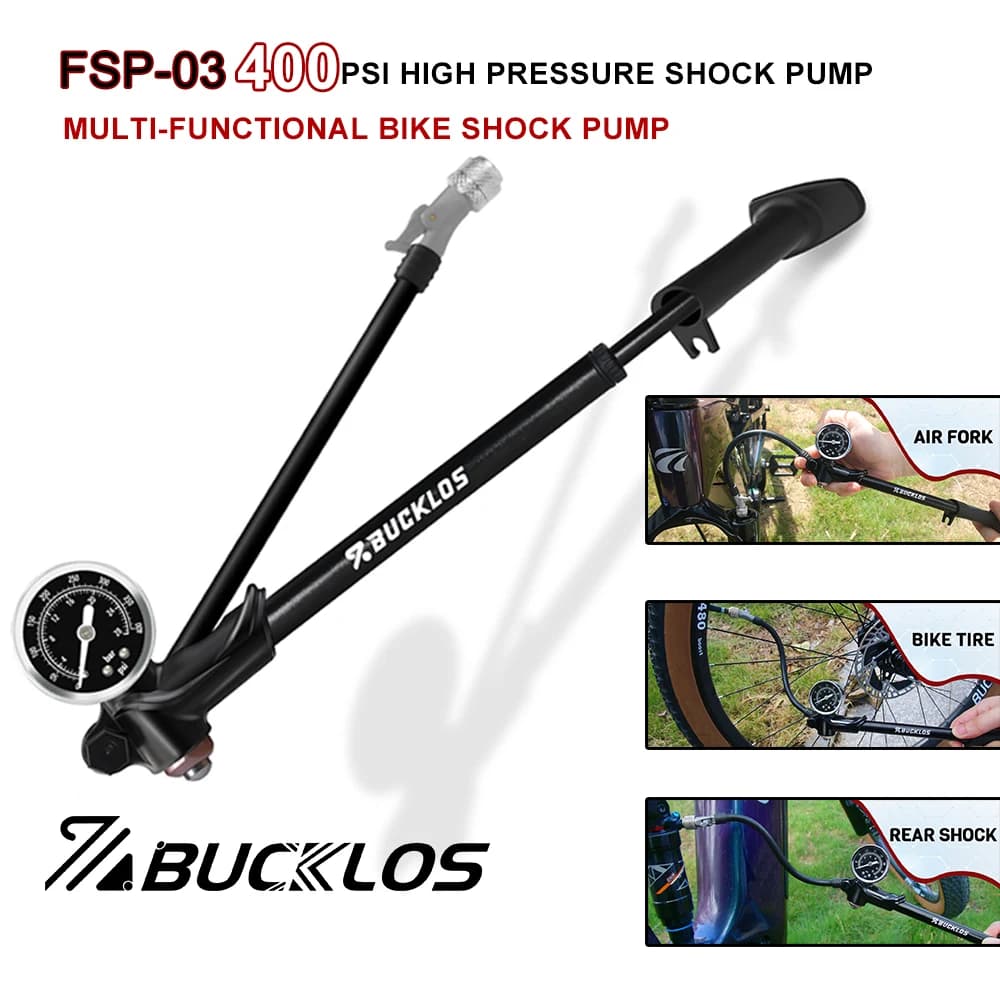 BUCKLOS 400PSI Pompa ammortizzatore per bicicletta MTB Bici da strada Lega di alluminio Funzione di sgonfiaggio con un clic Pompa ad aria per forcella/pneumatico/Pompa ammortizzatore