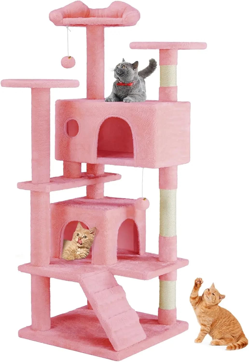 Torre per Gatti da 54 Pollici con Tiragraffi, Cuccia Interna Multi-Livello, Scala per Arrampicarsi, Giocattolo in Peluche, Casetta Gioco per Gatti in Rosa