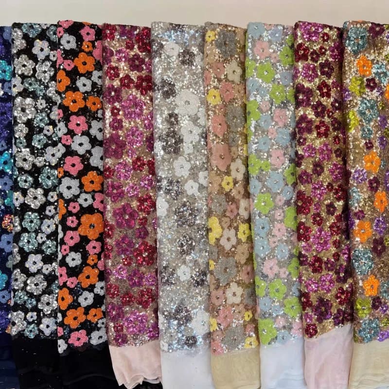 Plum Blossom Bead Embroidery Mesh Fabric for DIY Sewing Half Skirt Set Dress Clothing Fashion Wholesale Cloth Material