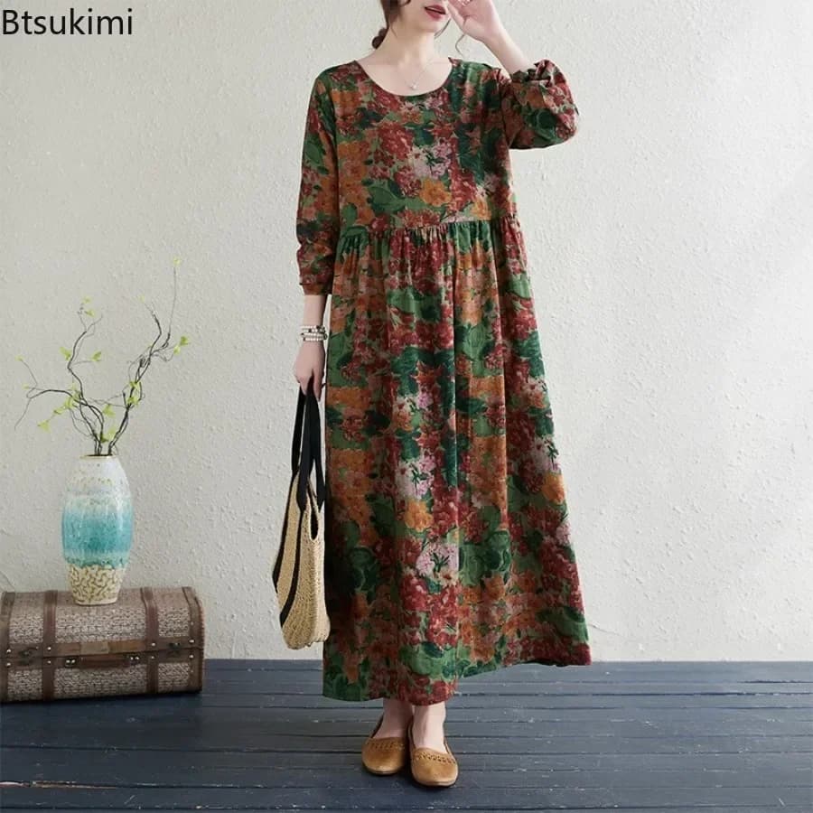 Abito Lungo Floreale Vintage Stile Vacanza 2026 per Donne, Vestito Maxi Casual Comodo in Cotone, Elegante Vestido Robe Femme