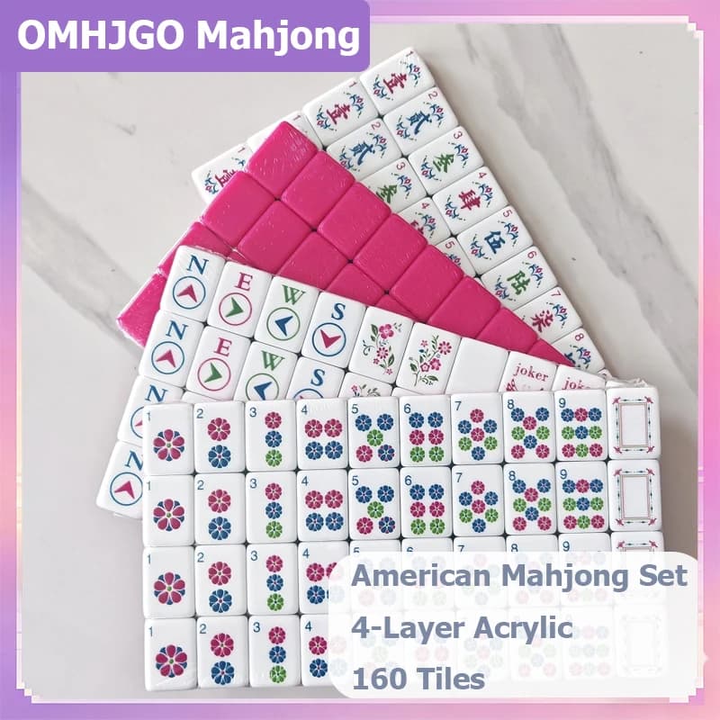OMHJGO Custom Luxury Engraved American Mahjong Set 4-Layer Acrylic Rose Red Mahjong 160 Tiles Board Game Portable Mah Jongg Sets