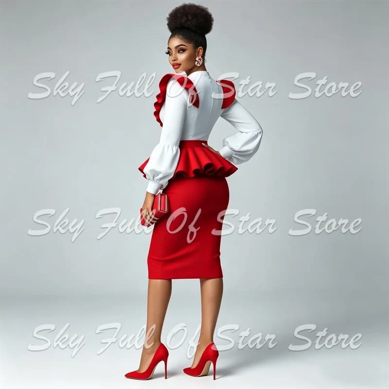 Women Suit Set 2 Pcs Ruffle Collar Lantern Sleeve Peplum Top High Waist Bodycon Pencil Skirt Custom Formal Wedding Lady Coat