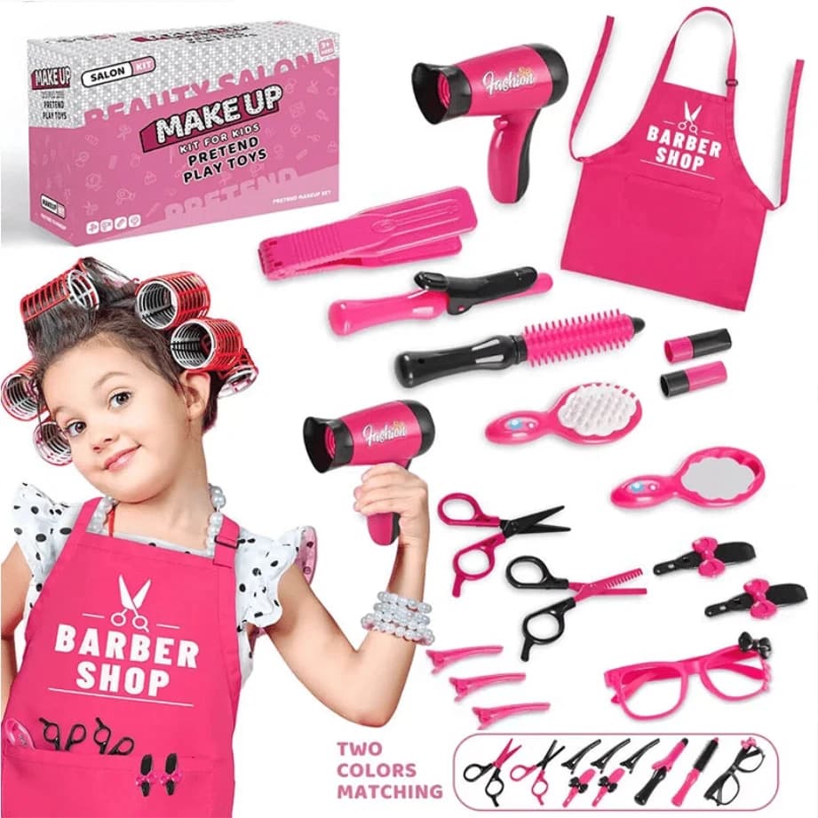 Beauty salon set for 17-piece girls, haircut kit, hairdresser toy with hairdryer, scissors, barber apron, girl gift