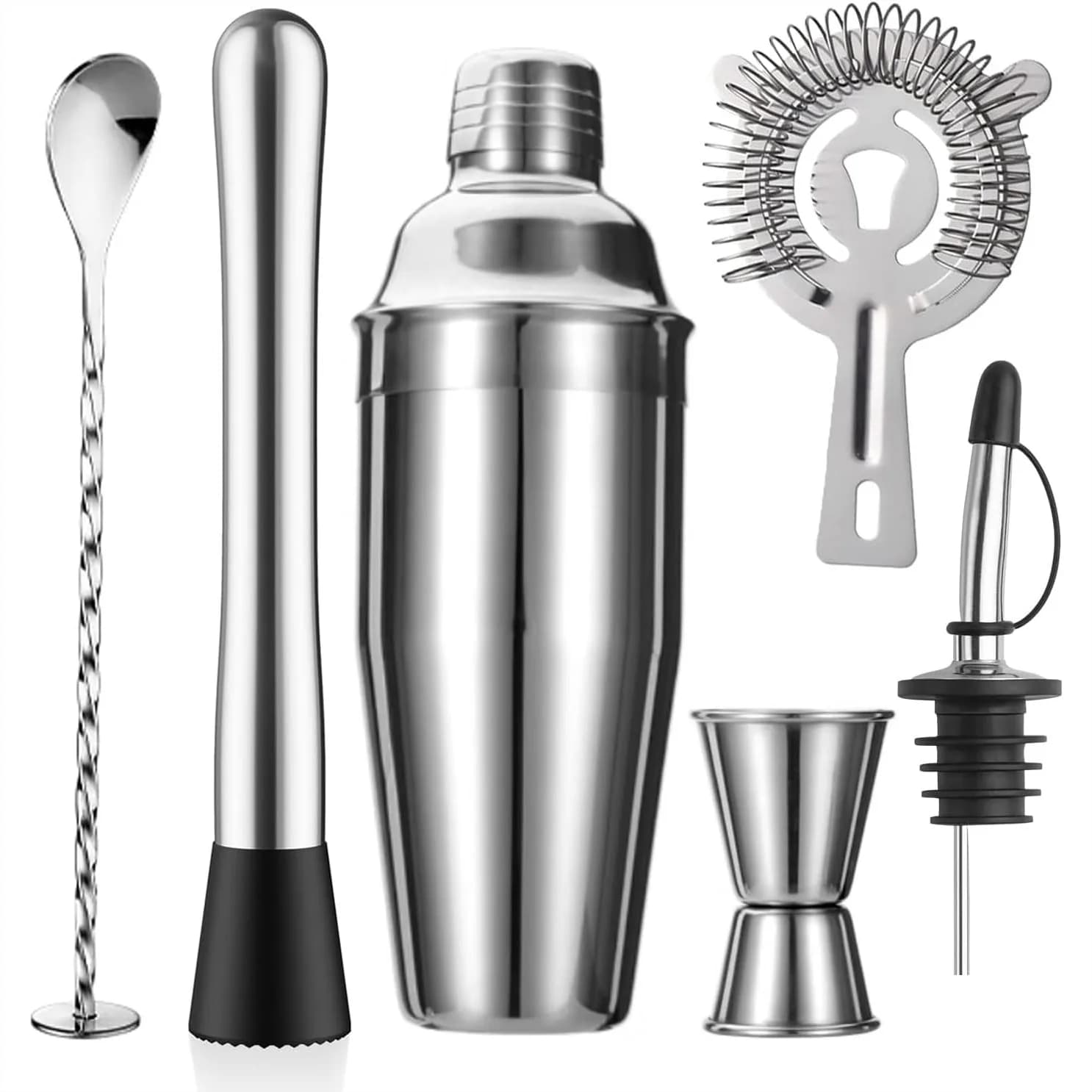 Set Shaker per Cocktail 6 Pezzi 24oz in Acciaio Inossidabile con Colino, Muddler, Jigger, Cucchiaio e Beccuccio Versatore