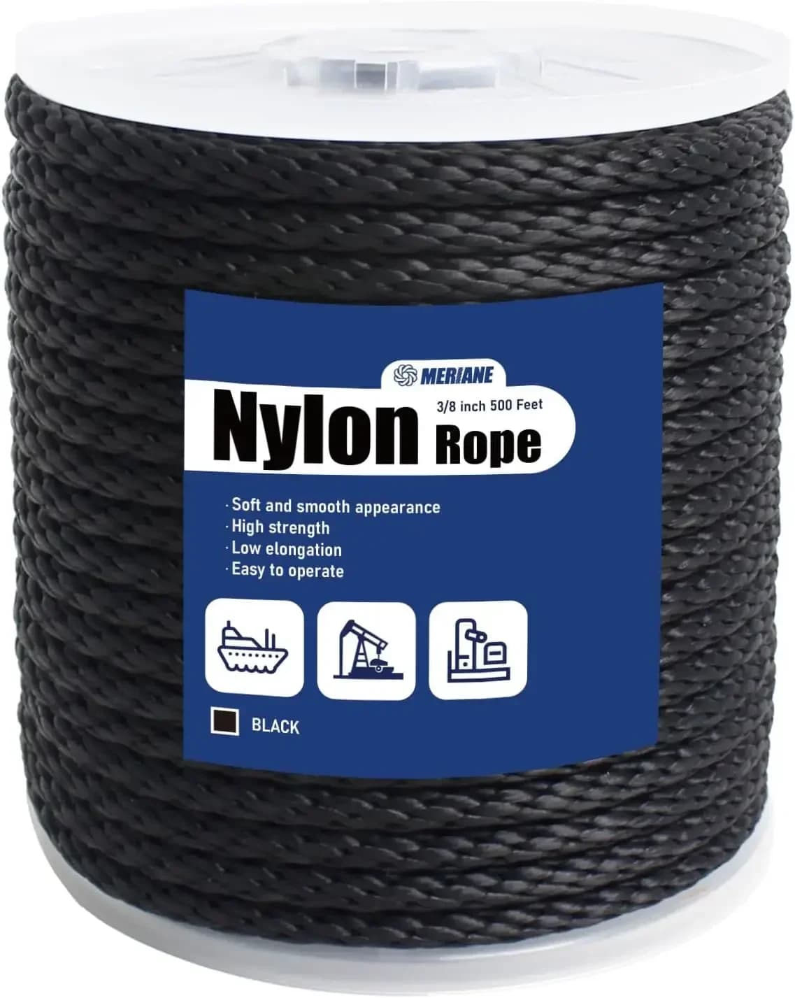 Corda in nylon nero 3/8 pollici 500FT – Corda intrecciata solida multiuso – Ideale per campeggio, stendibiancheria, applicazioni nautiche, corda per bandiera