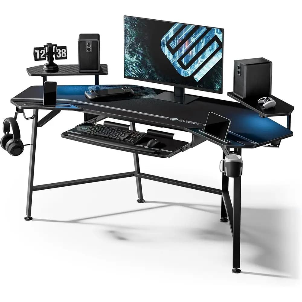 72 Large Gaming Desk with LED Lights, Wing Monitor Stand, Dual Holders, Ideal for Streamers - Black