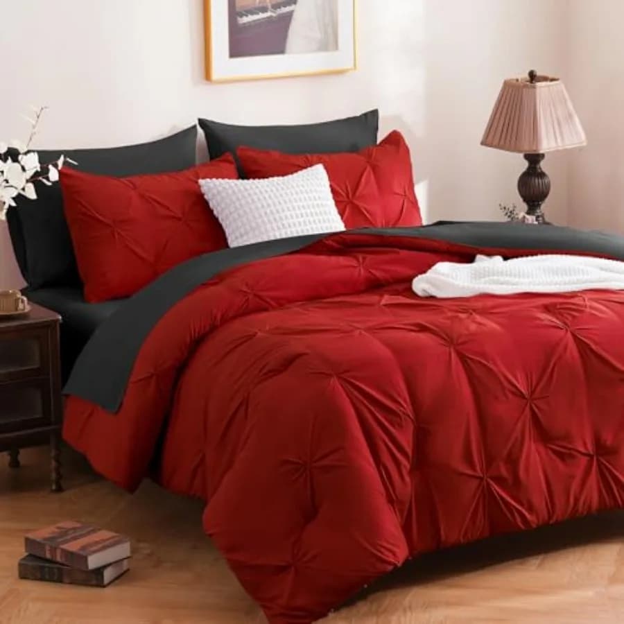 7 Pieces Comforter Set Pintuck Pinch Pleat Bed in a Bag Soft Microfiber All Season Bedding Set for Bedroom with Sheets Pillowca