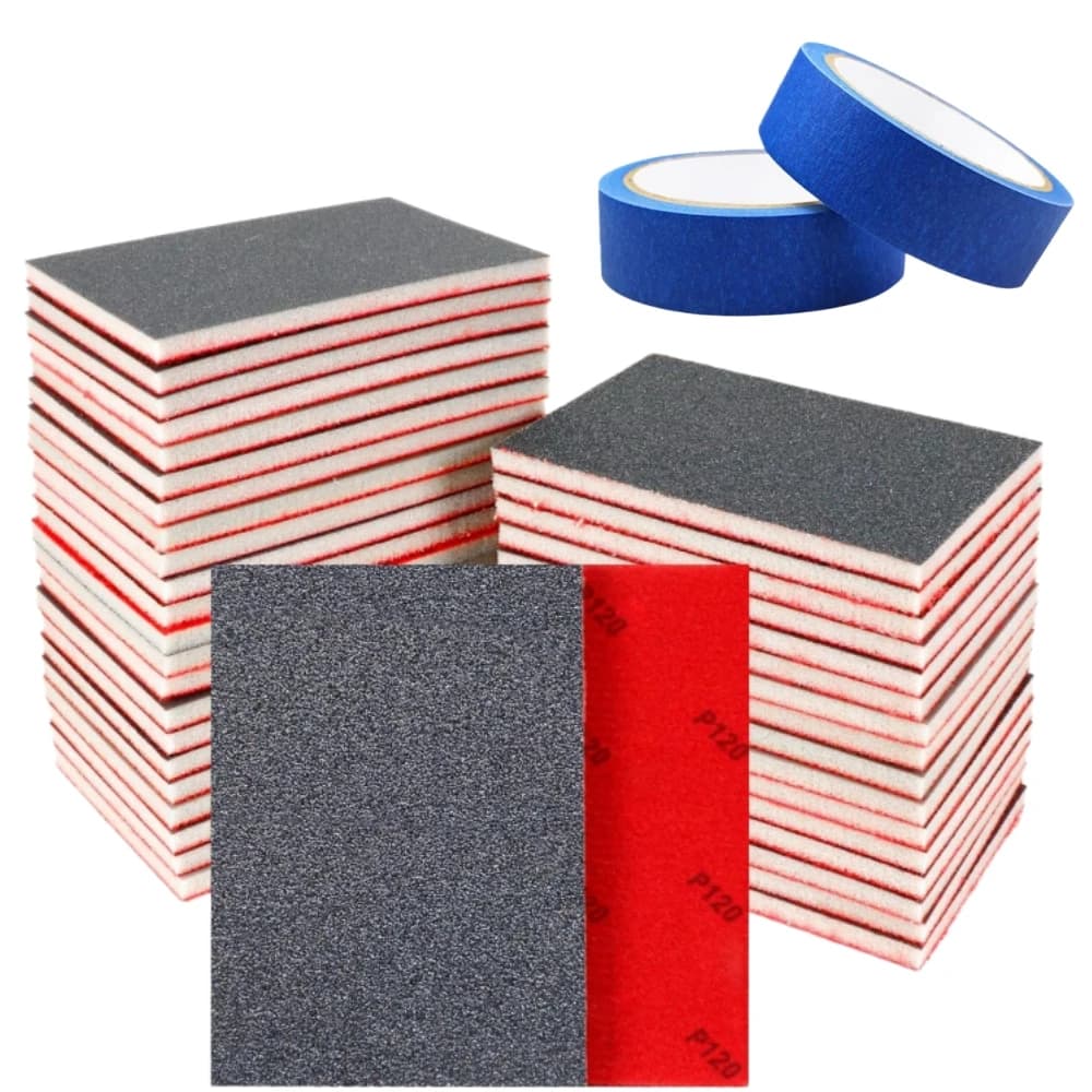 20 Spugne Abrasive 120-3000 Grit, Blocchi per Levigatura in Schiuma e Nastro per Pittori, 2 Rotoli di Nastro Blu