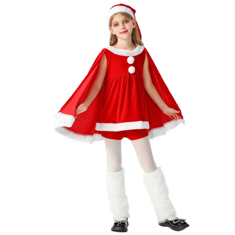 NUOVO Babbo Natale per ragazza Costume Carnevale Mantello di Natale Abito con pantaloncini Cosplay Halloween Party Fancy Dress