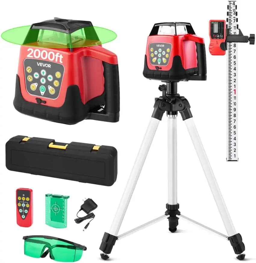 Kit Livella Laser Rotante, Livella Laser Verde Autolivellante a 360 Gradi con Portata di 600m, con Treppiede, Ricevitore, Telecomando, Scala