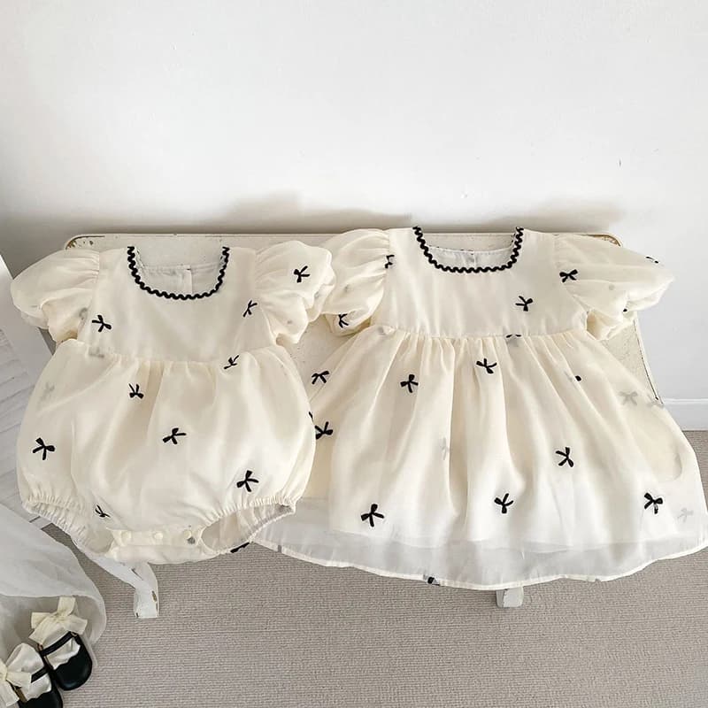 Abbigliamento per sorelle per bambini Abito estivo per bambina Abito da bambina in garza con fiocco carino Abito da principessa dolce per sorelle con maniche a sbuffo