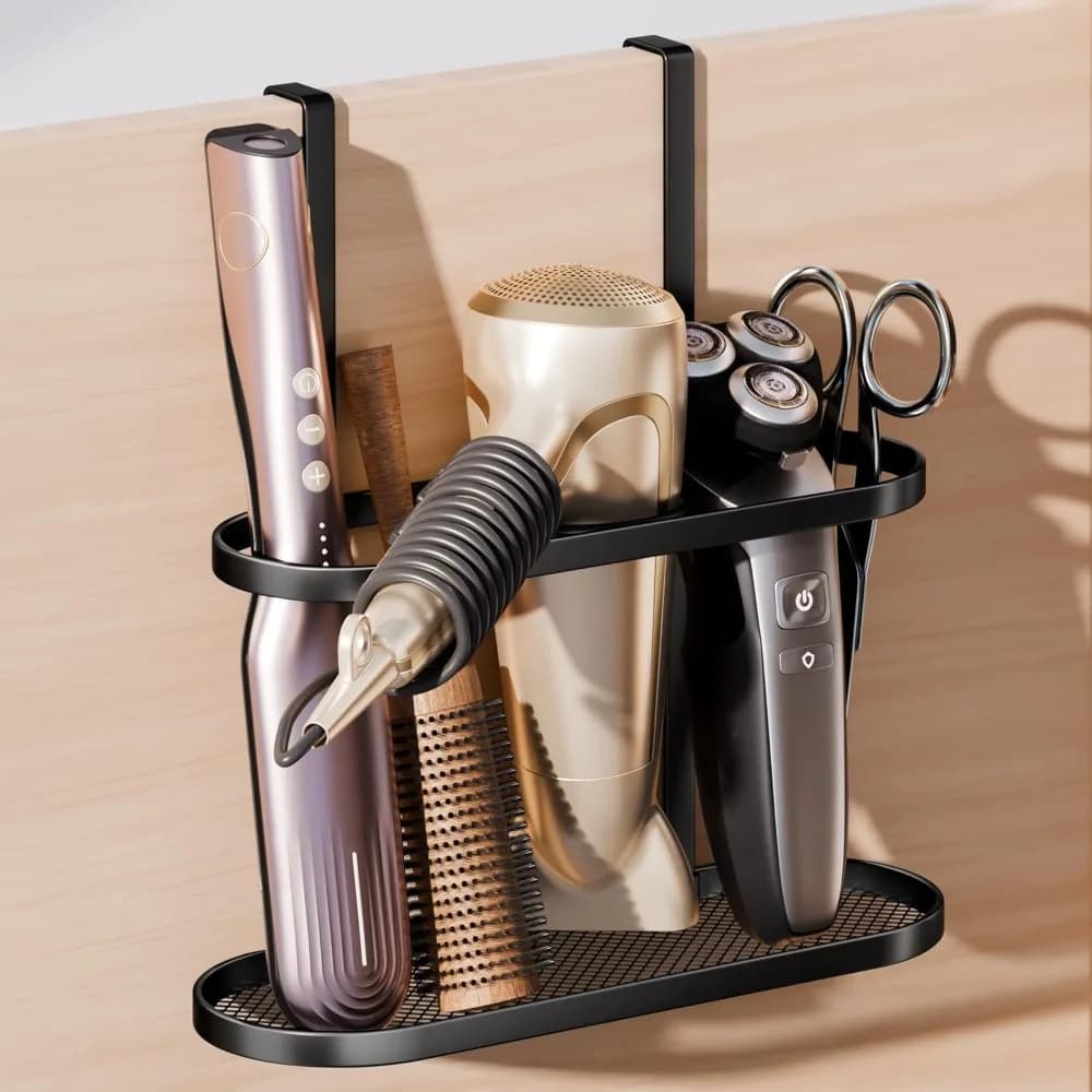 Organizzatore 3-in-1 per Strumenti per Capelli: Supporto per Asciugacapelli, Piastra e Ferro Arricciacapelli - Design Multiuso da Montare su Porta dell'Armadio e Piano del Tavolo (Cornice Ellittica Nera)