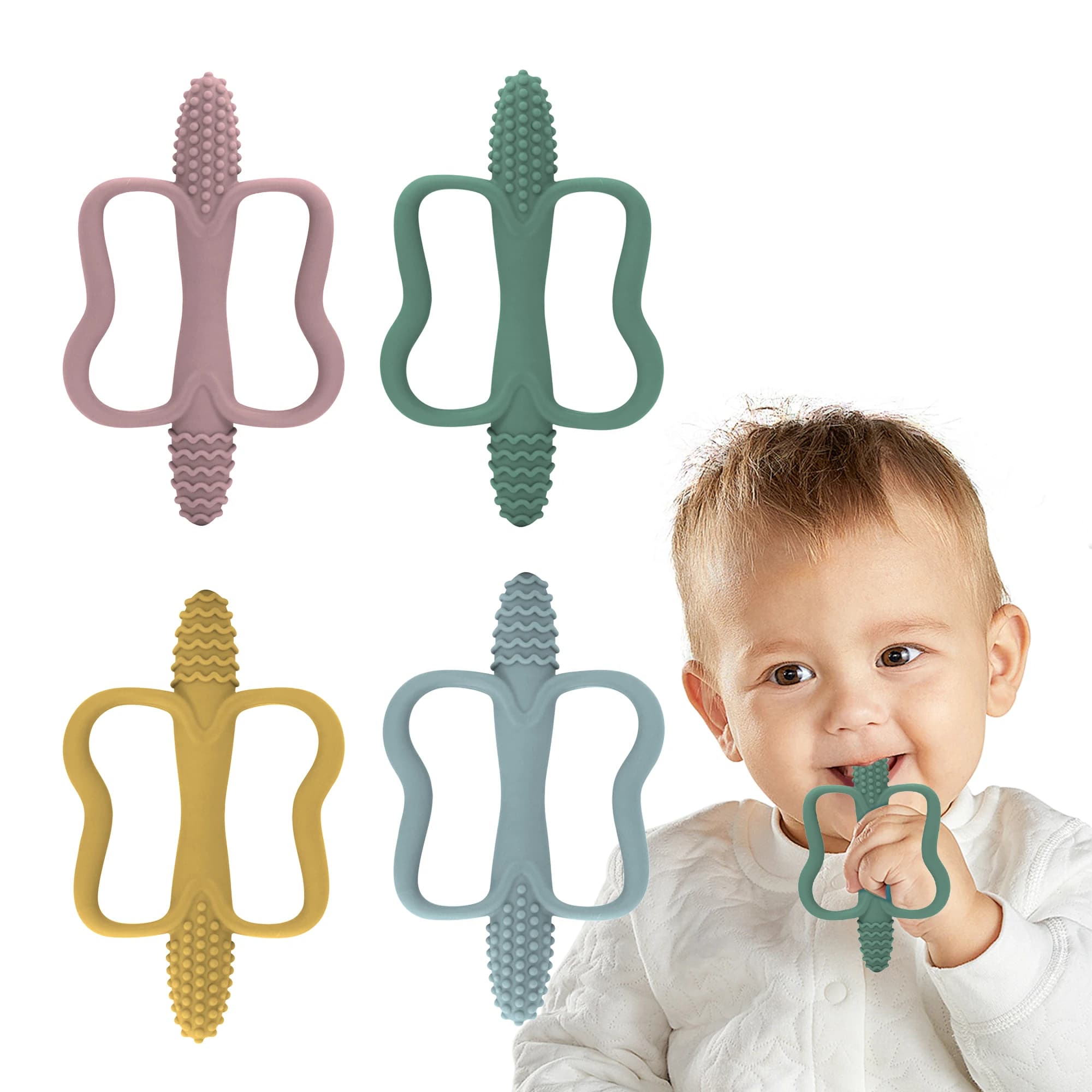 Silicone teething stick integrated with handle, massageagengive children's toy, available in 6 colors, maize-shaped massages.